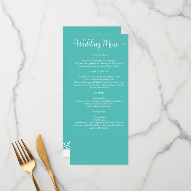 Teal White Elegant Wedding Menu (Front/Back In Situ)