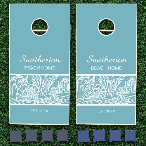 Teal White Family Beach House Seashell Coast Cornhole Set