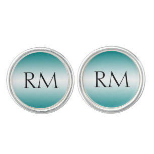 Teal White Filigree Monogram Wedding Cuff Links