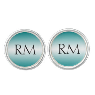 Teal White Filigree Monogram Wedding Cuff Links