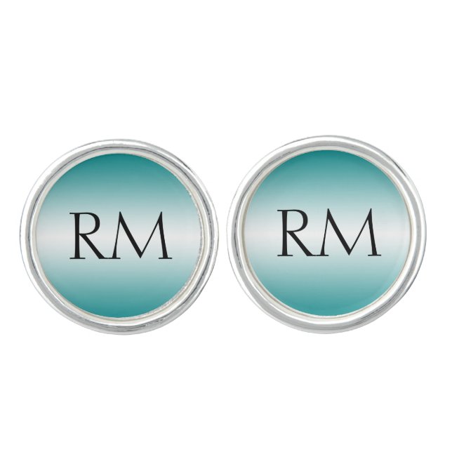 Teal White Filigree Monogram Wedding Cuff Links (Front)