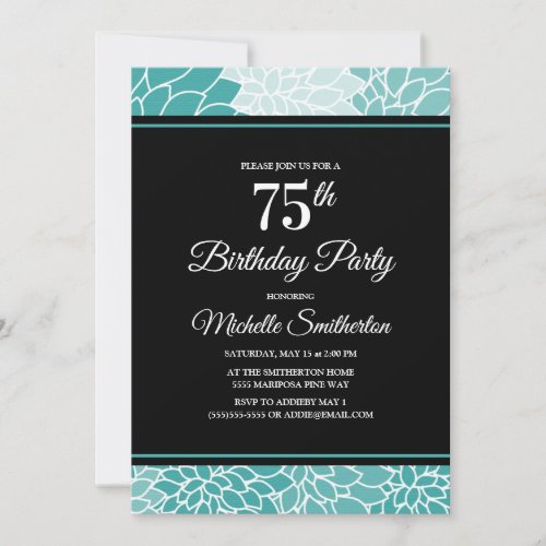 Teal White Floral 75th Birthday Party Invitation