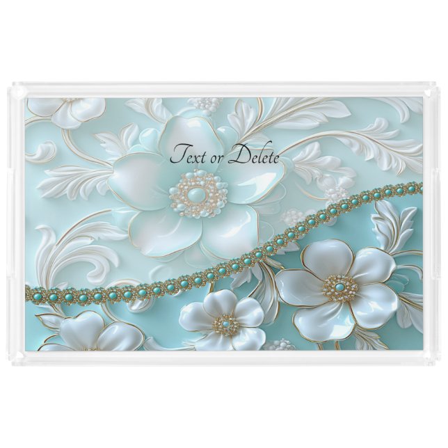 Teal White Floral Acrylic Vanity Tray (Front)