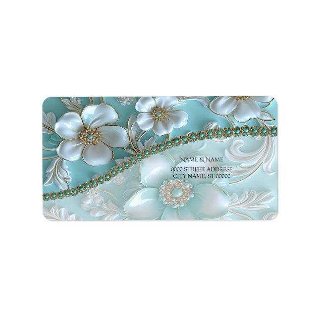 Teal White Floral Address Label (Front)