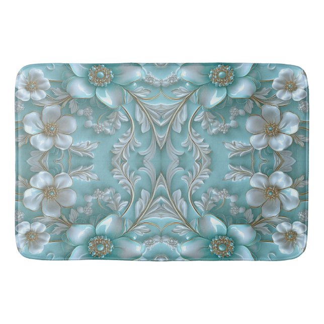 Teal White Floral Bath Mat (Front)