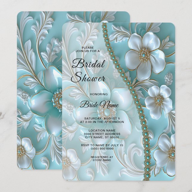 Teal White Floral Bridal Shower Invitation (Front/Back)