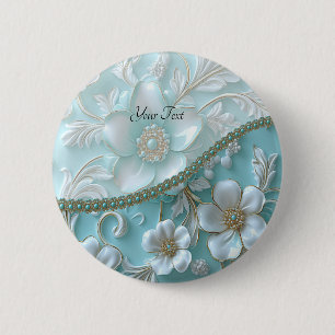 Teal White Floral Button
