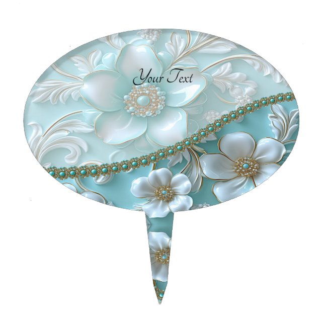 Teal White Floral Cake Topper (Front)