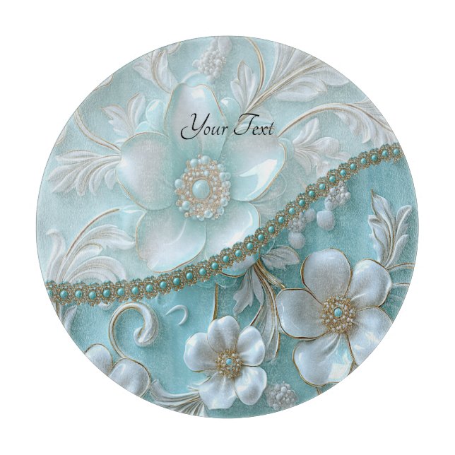 Teal White Floral Cutting Board (Front)