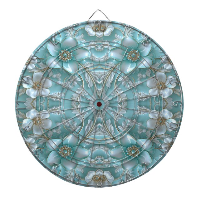 Teal White Floral Dartboard (Front)