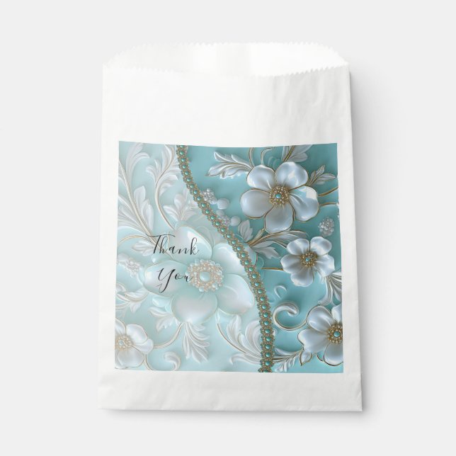 Teal White Floral Favor Bag (Front)