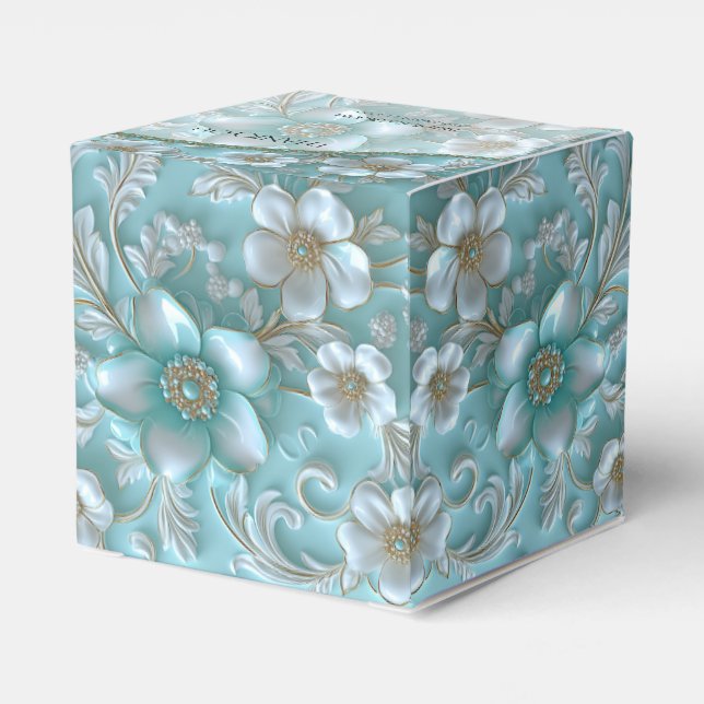 Teal White Floral Favor Box (Back Side)