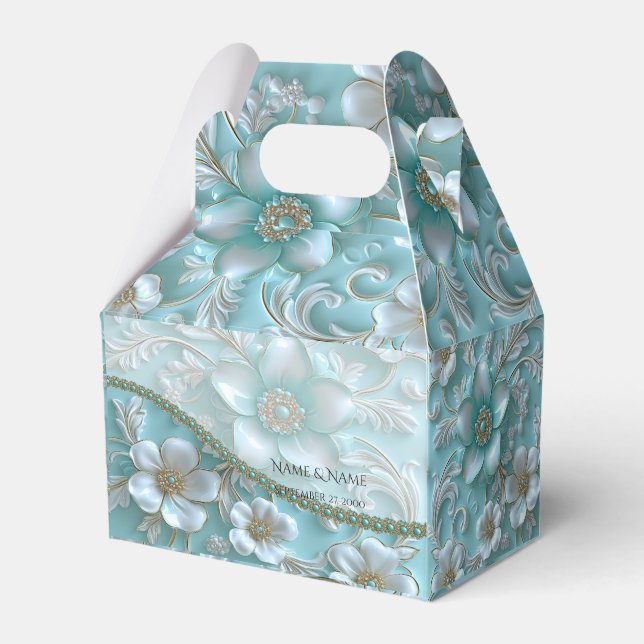 Teal White Floral Favor Box (Front Side)