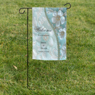 Teal White Floral Garden Flag