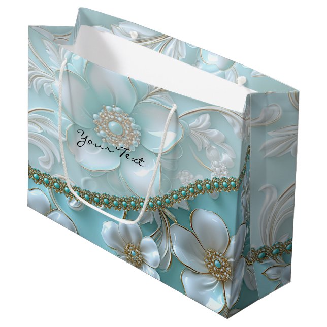 Teal White Floral Gift Bag (Front Angled)