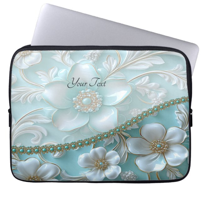 Teal White Floral Laptop Sleeve (Front)