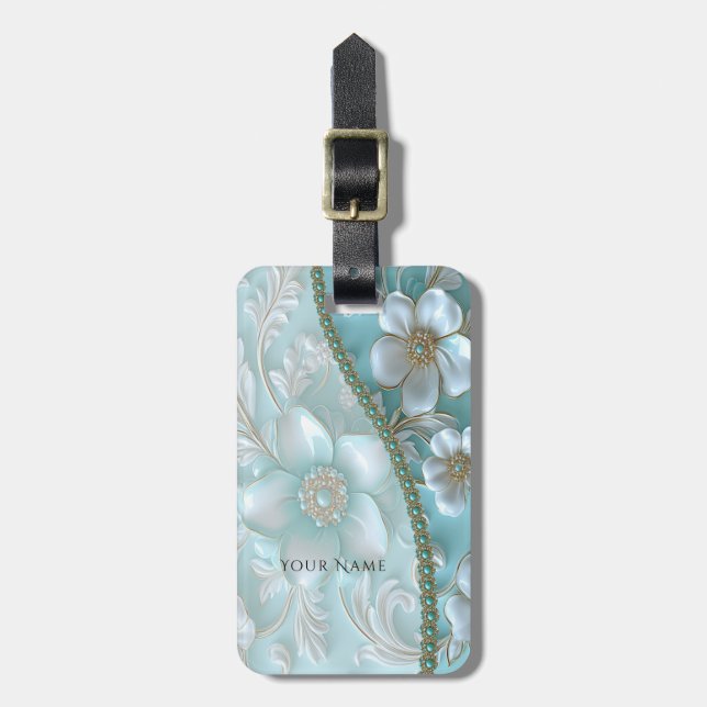 Teal White Floral Luggage Tag (Front Vertical)