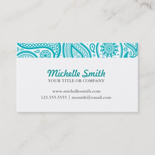 Teal White Floral Paisley Business Card Template