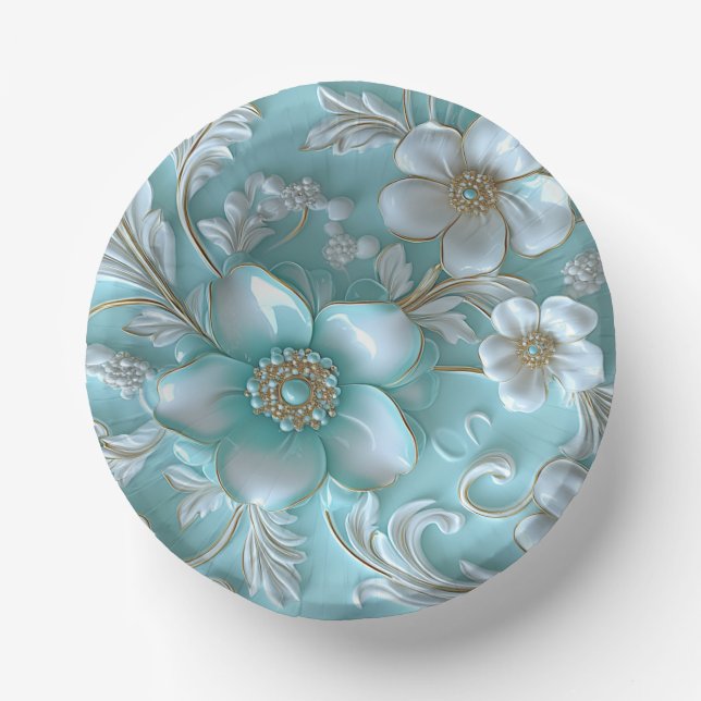 Teal White Floral Paper Bowls (Front)