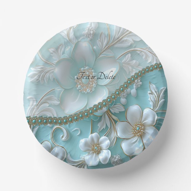 Teal White Floral Paper Bowls (Front)