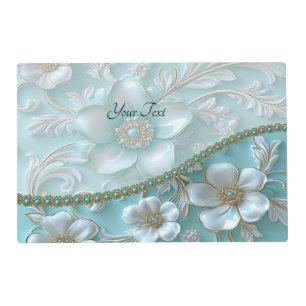 Teal White Floral Paper Placemat