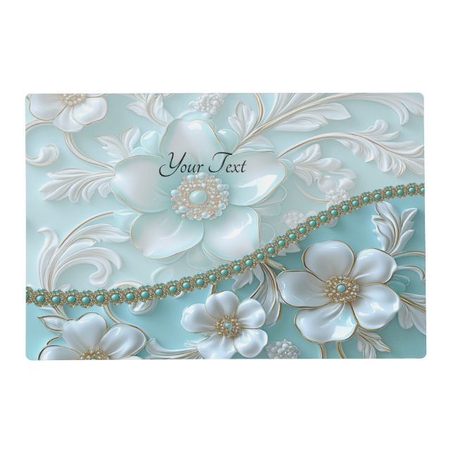 Teal White Floral Paper Placemat (Front)