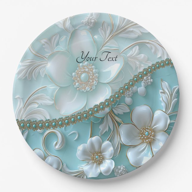 Teal White Floral Paper Plate (Front)
