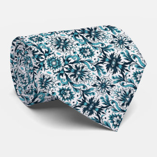 Teal & White Floral Pattern Neck Tie