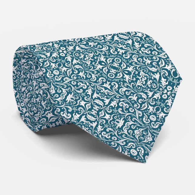 Teal & White Floral Pattern Neck Tie (Rolled)
