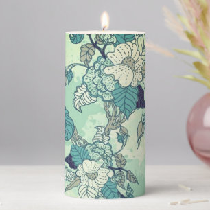 Teal & White Floral Pillar Candle