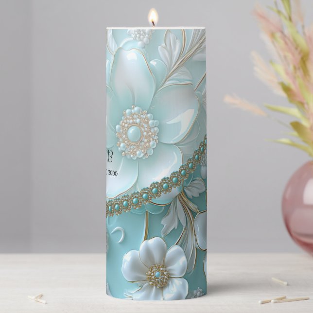 Teal White Floral Pillar Candle (In Situ)