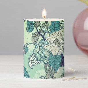 Teal & White Floral Pillar Candle