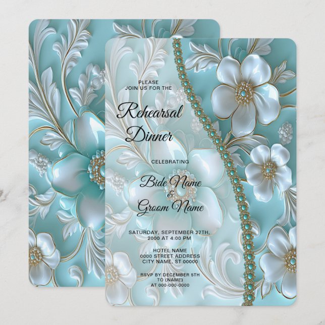 Teal White Floral Rehearsal Dinner Invitation (Front/Back)