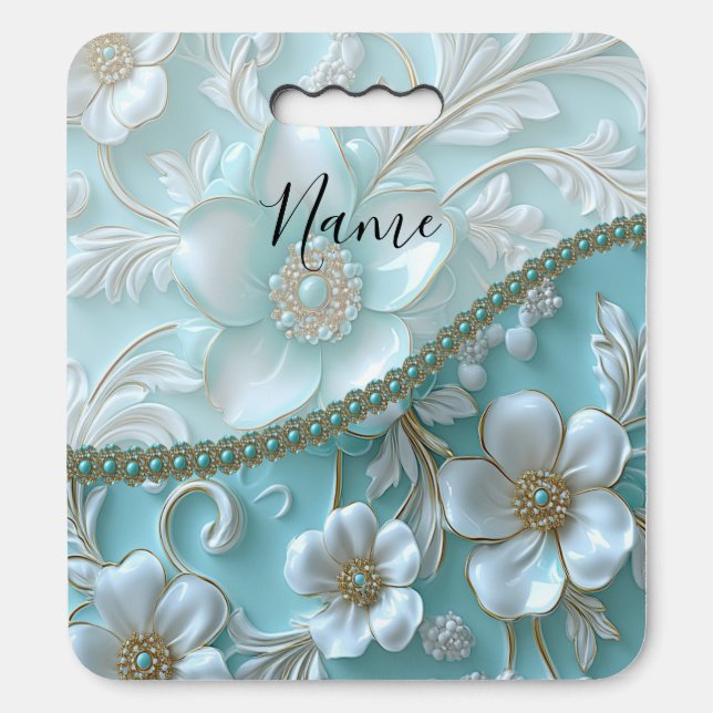 Teal White Floral Stadium Seat Cushion (Front Vertical)