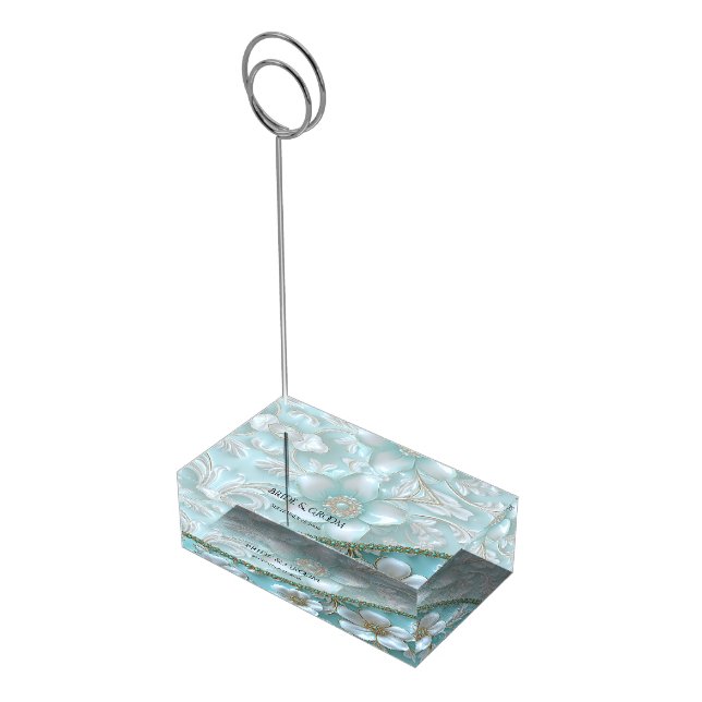 Teal White Floral Table Card Holder (Corner)