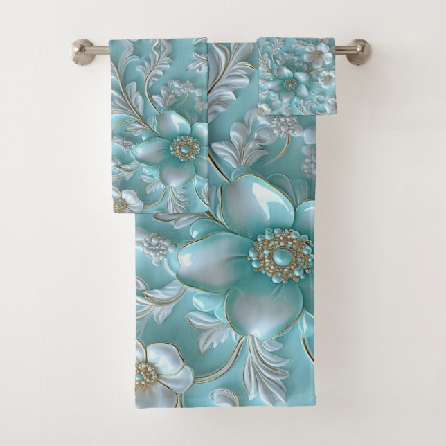 Teal White Floral Towel Set (Insitu)