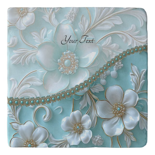 Teal White Floral Trivet (Front)