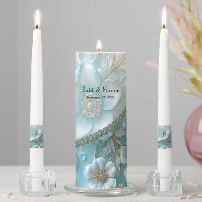 Teal White Floral Unity Candle Set (In Situ)