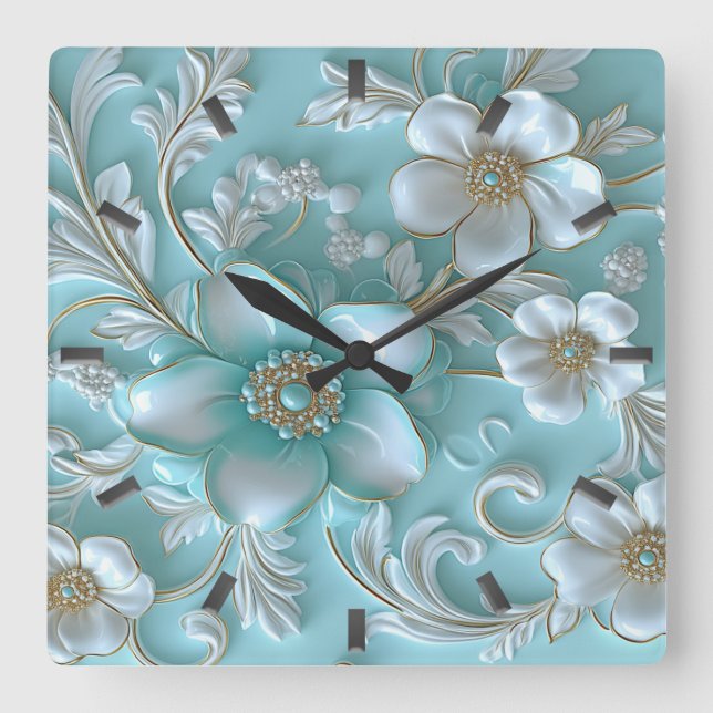 Teal White Floral Wall Clock (Front)