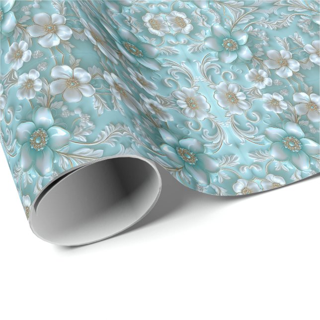 Teal White Floral Wrapping Paper (Roll Corner)
