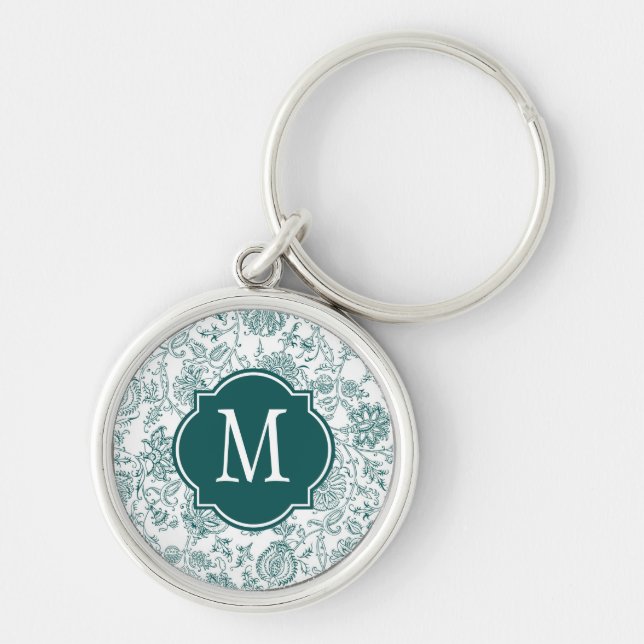 Teal & White Flower Pattern Monogram Keychain (Front)