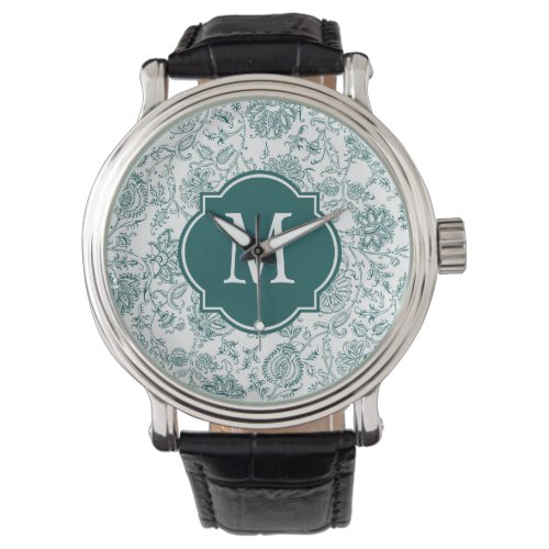 Teal  White Flower Pattern Monogram Watch