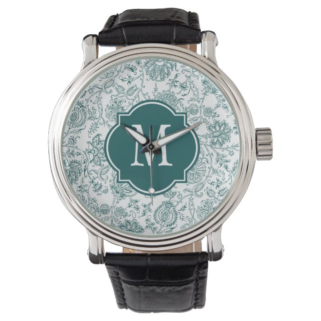 Teal & White Flower Pattern Monogram Watch (Front)