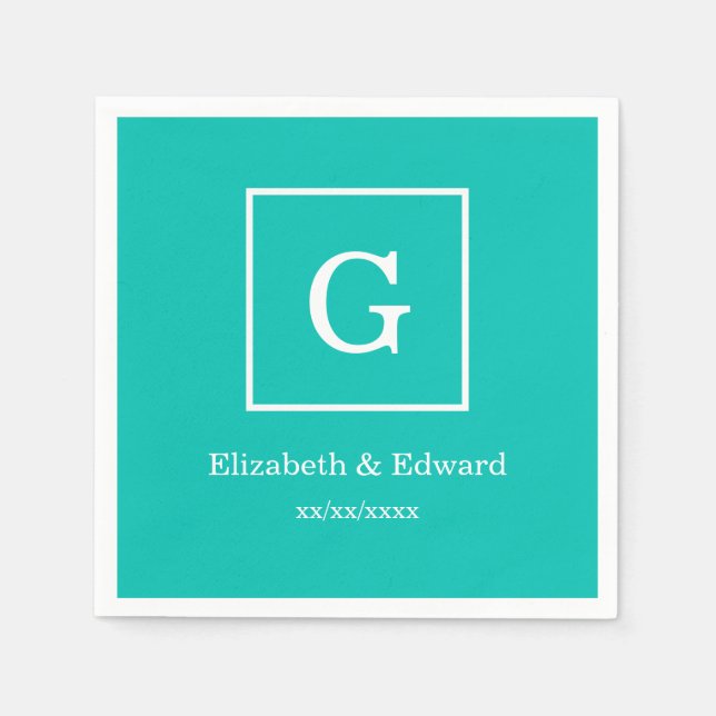 Teal White Framed Initial Monogram Napkins (Front)