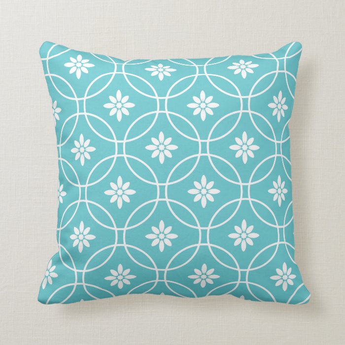 Teal White Geometric Floral Pattern Throw Pillows