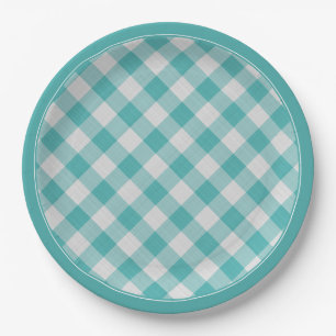 Teal/White Gingham Checks Pattern Simple Plaid Paper Plates