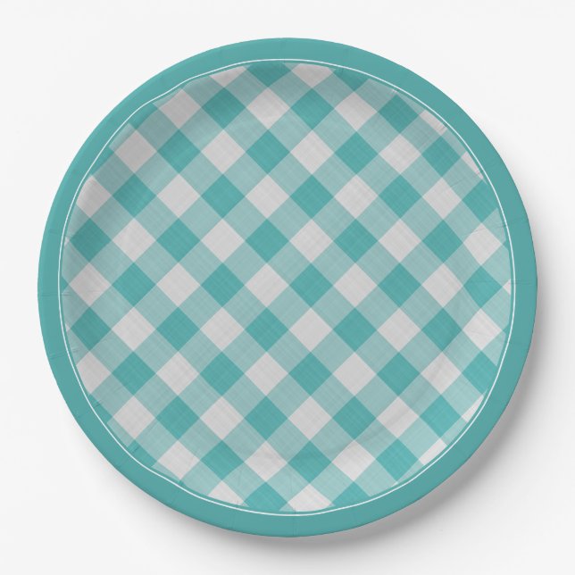 Teal/White Gingham Checks Pattern Simple Plaid Paper Plates (Front)