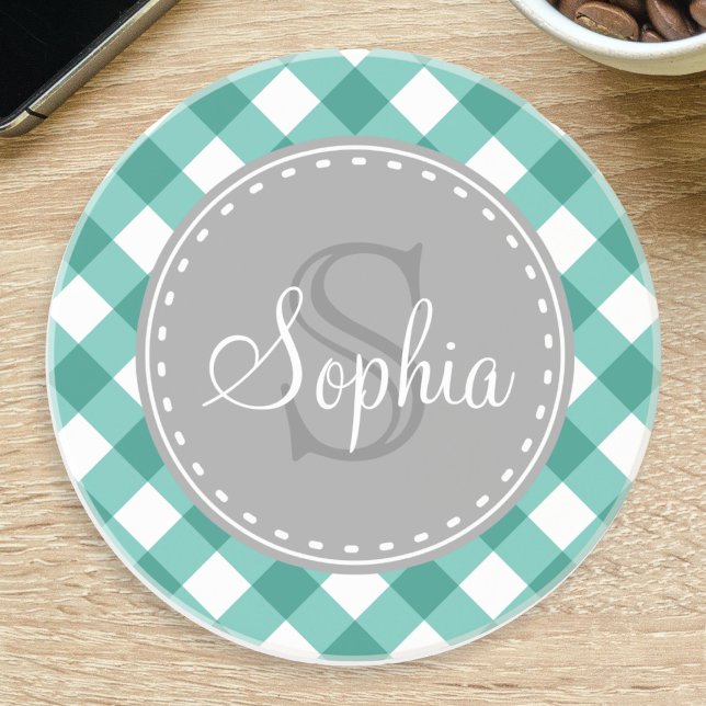 Teal White Gingham Plaid Pattern Monogram Drink Coaster (Creator Uploaded)