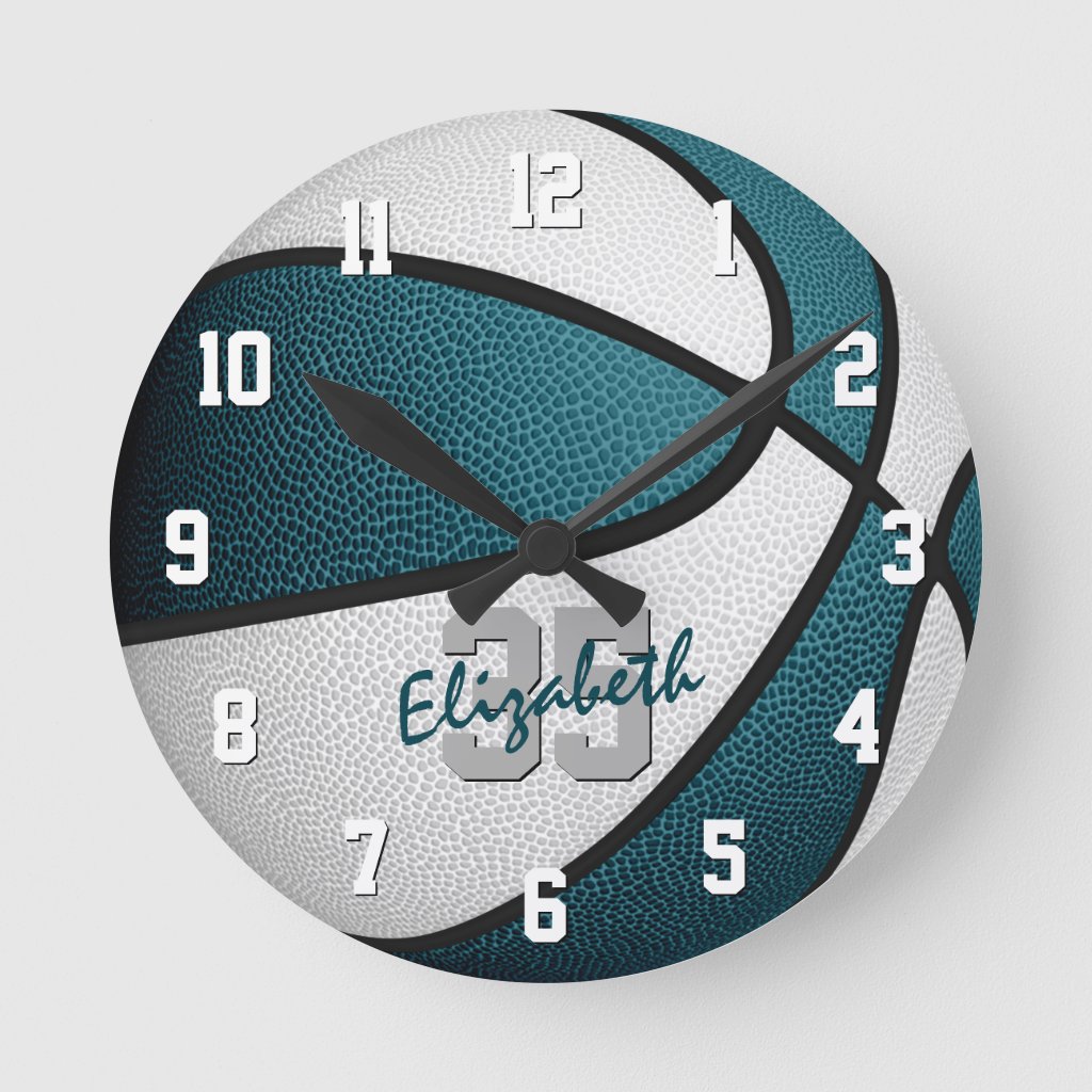 teal white girls boys basketball personalized round clock