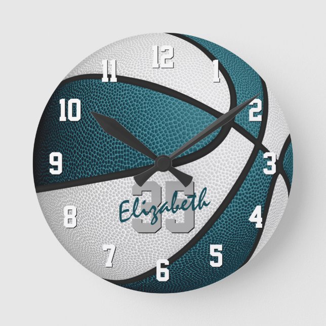 teal white girls boys basketball personalized round clock (Front)